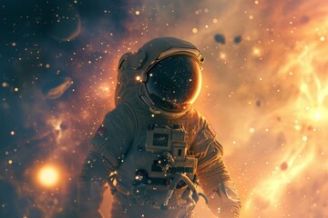 A man in a space suit is seen walking through the vast expanse of space, Highlight a space suited astronaut against a backdrop of distant galaxies and bright stars, AI Generated