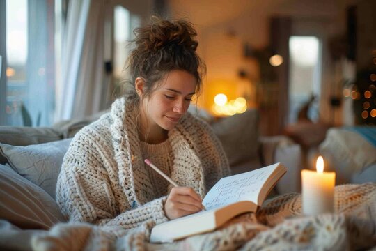 A young woman nestled in a cozy blanket, carefully writing in her journal by candlelight, embodies introspection, comfort, and tranquility in a serene setting.