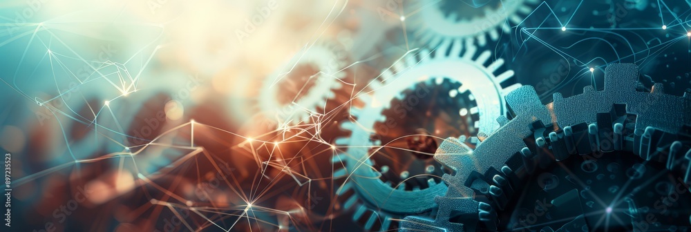 Poster Mechanical gears with interconnected lines and light effects. Symbolizes industrial engineering and technological advancement.
