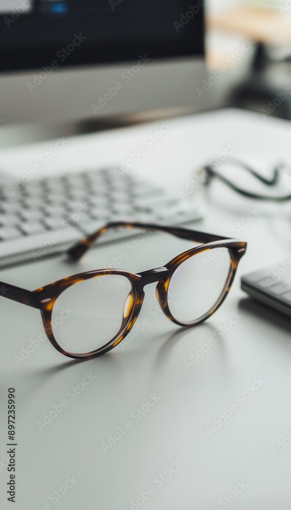 Poster tortoiseshell eyeglasses rest on a white desk near a keyboard and a computer monitor. generative ai