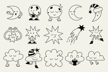 Vector set of cartoon moon, stars and clouds. Night sky character illustration. Funny mascot design