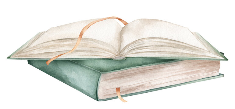 Set of books watercolor illustration isolated on white background. Open books brown green colors with bookmarks. Stack of books clipart. Vintage old textbooks watercolor hand drawn. minimalist style
