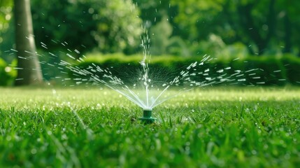 A black sprinkler head is watering a green lawn with a wide spray of water
