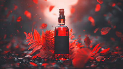Label design mockup | Vibrant whiskey, cider bottle in autumn setting | dark background with dynamic lighting | red leaves  | Motion 