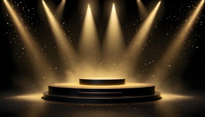 Background black podium stage gold award glitter light 3d platform product golden pedestal. Podium show black background abstract elegant ceremony dark display spotlight effect confetti night scene