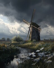 Fototapeta premium Old windmill on a Dutch polder, with a moody sky and soft light.
