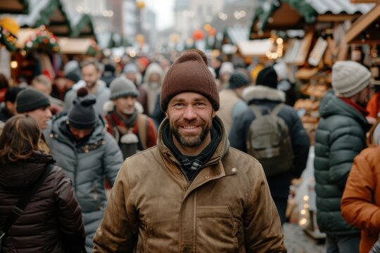 A bearded man in a brown jacket and beanie smiles directly at the camera, standing in a bustling outdoor market filled with people and festive stalls.