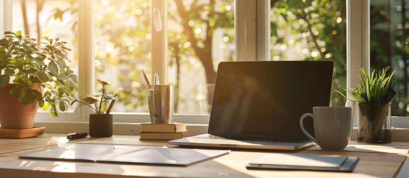 Window, laptop screen and interior with electronics on desk, proposal and business research with digital. Remote work, technology and sunshine by table for freelance, coffee and banner in home office