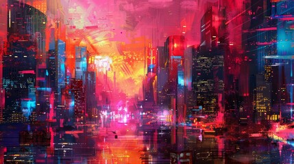 Obraz premium Nighttime cityscape with neon lights and urban skyscrapers creating a cyberpunk metropolis vibe