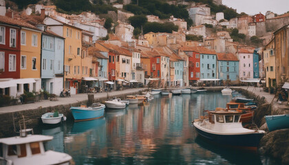 Fototapeta premium A charming coastal village with colorful buildings, narrow cobblestone streets, and a small fishing 