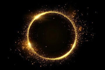 Glowing golden circle with sparkles on black background. Vector illustration.