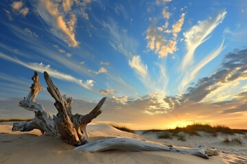 Fototapeta premium Vibrant Sky Over Driftwood on Sand Dunes