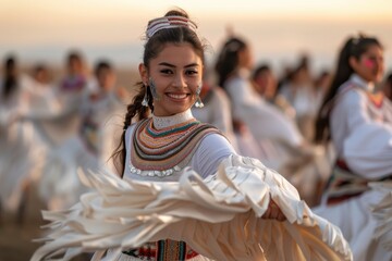 A group of elegant dancers showcase traditional dresses and intricate accessories, smiling and performing harmoniously, celebrating their rich cultural background.