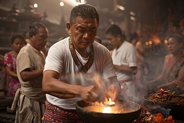 A man attentively performs a traditional ritual with a sacred offering, surrounded by people, symbolizing devotion, cultural heritage, and communal spirituality.