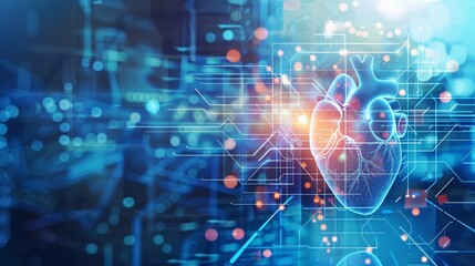 Digital illustration of human heart in digital background. 3d rendering toned image double exposure.