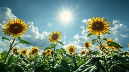 A lively sunflower field under a bright summer sky, with vibrant yellow flowers stretching towards the sun, perfect for a cheerful wallpaper.