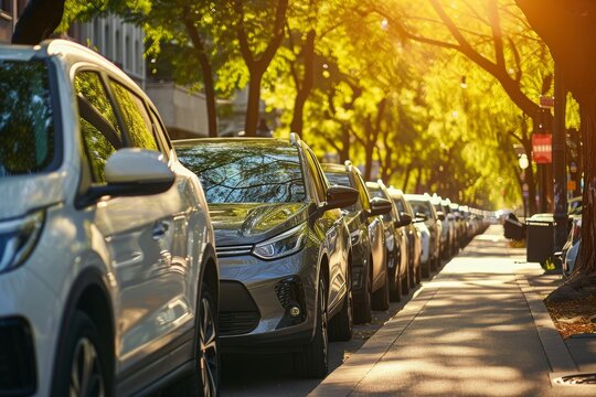 A straight line of cars parked along a busy city street, creating a typical urban scene, Hybrid vehicles parked along a tree-lined street, AI Generated