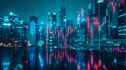 Nighttime cityscape modern, digital data, reflections on water, futuristic and progressive urban environment