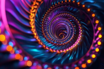 A vibrant spiral of lights is captured in this image, showcasing its mesmerizing colors and patterns, Hypnotic spirals in a fusion of neon and dark colors, AI Generated