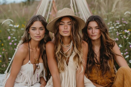 Three women, dressed in earthy-toned bohemian outfits and hats, are seated in a meadow brimming with flowers, reflecting a serene and rustic note in their shared bond.