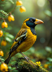 Fototapeta premium Little blue and yellow bird. Generative AI