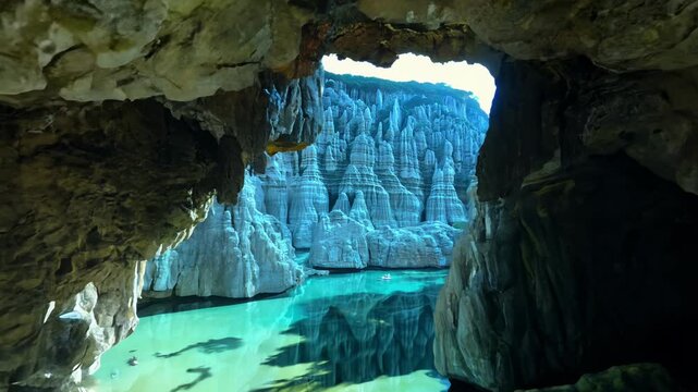 A cave with a blue river running through it. The cave is dark and the water is clear