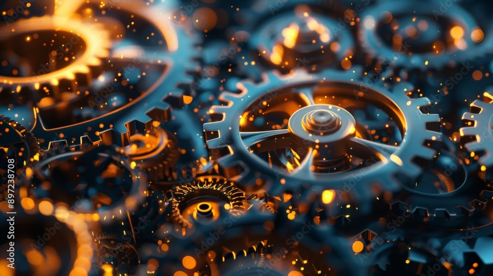 Poster dynamic scene of gears with orange and blue lighting, symbolizing mechanical engineering and innovat