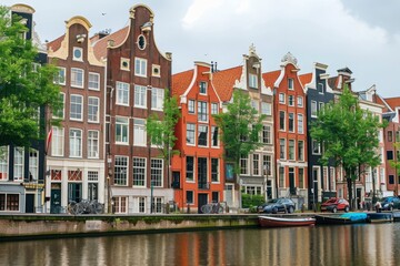 Fototapeta premium A line of buildings stands beside a body of water, creating a striking contrast between architecture and nature, Iconic red brick buildings of Amsterdam along the canal, AI Generated