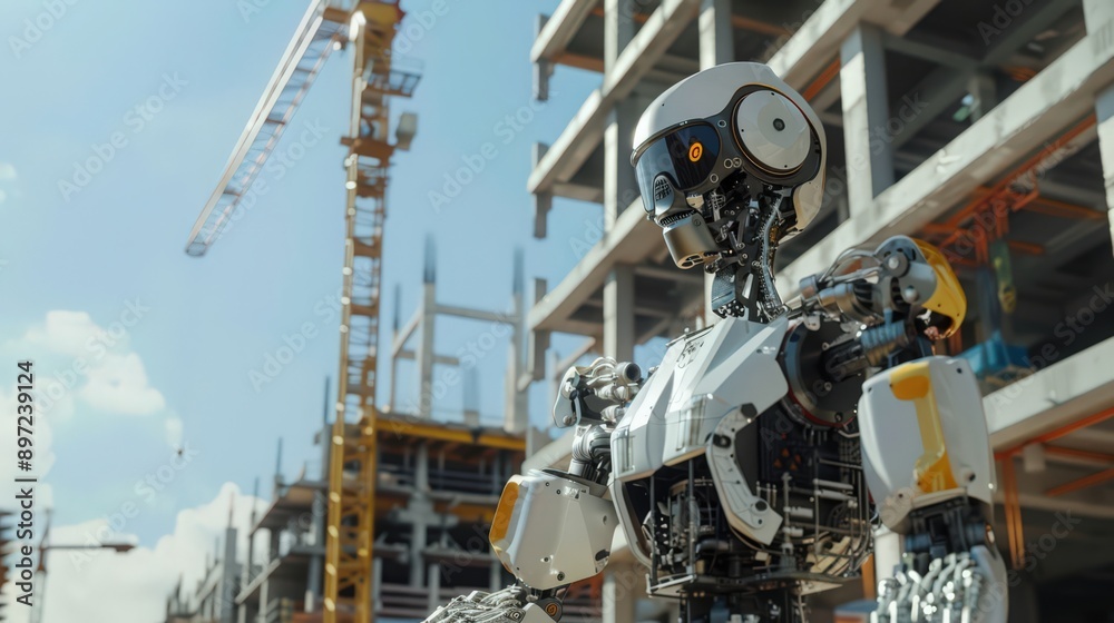 Poster show a construction robot equipped with advanced sensors and ai, autonomously navigating a complex s