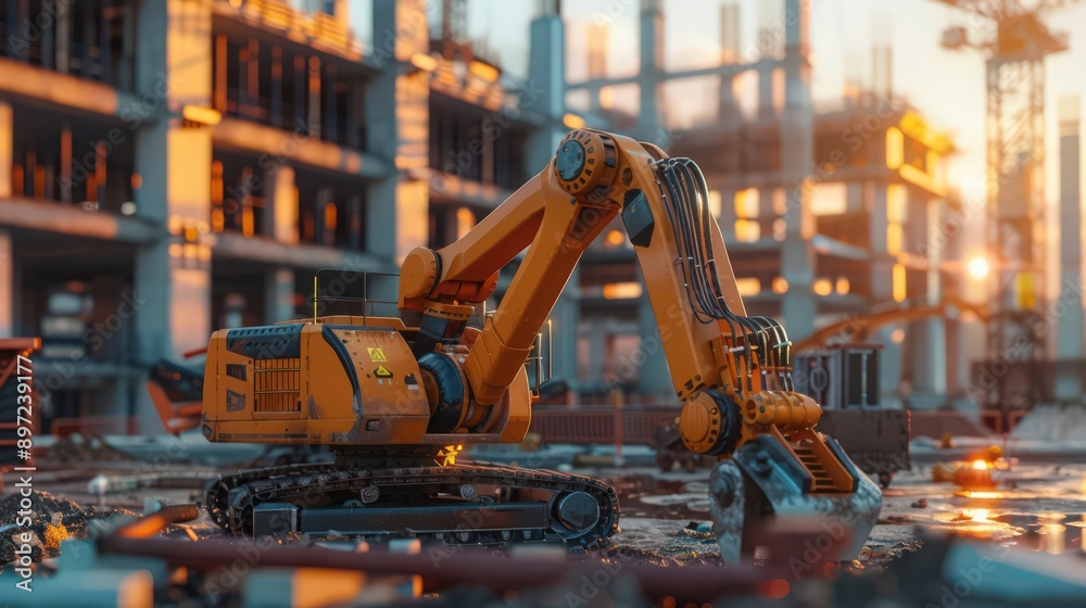Poster show a construction robot equipped with advanced sensors and ai, autonomously navigating a complex s