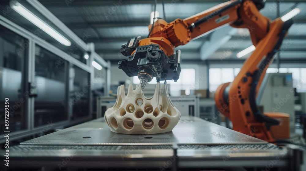 Poster showcase a factory floor where robots are engaged in 3d printing large-scale components, highlightin