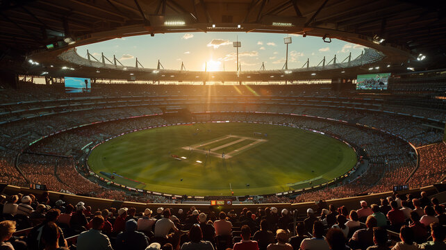 A crowd of cricket fans watch a game at sunset