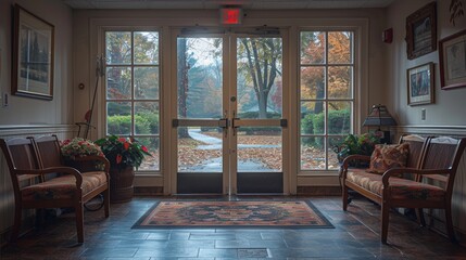 French Doors Lead to Autumnal View in Tranquil Lobby