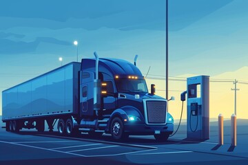 A blue semi truck is parked at a gas station, with the driver refueling the vehicle, Illustration of an electric truck at a heavy-duty vehicle charging station, AI Generated