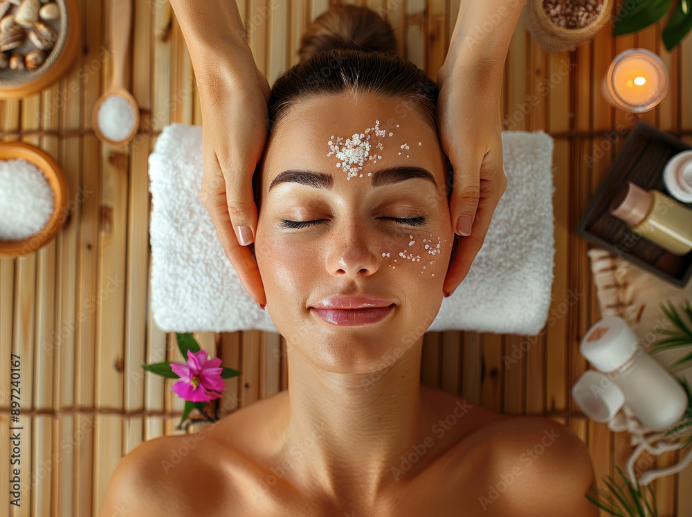 Wall mural A beautiful woman is lying on her back in the spa getting a massage. She has her eyes closed and an expression of relaxation as two hands are gently placed over her head to carry out a facial or body 