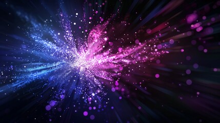 Naklejka premium Purple and blue particles exploding in abstract background with radiant beams of light