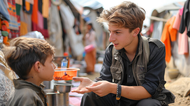 Volunteer interacting with refugee child in camp setting