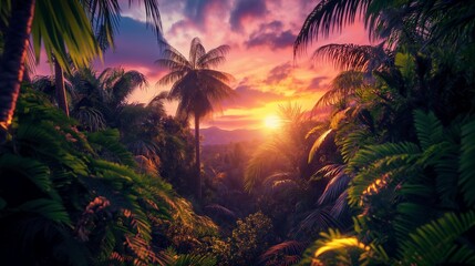 A lush tropical forest at sunset, with the sun setting behind the trees, casting a warm glow through the foliage and creating a magical atmosphere with vibrant sky colors.