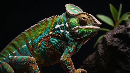 Obraz premium Side view closeup of amazing chameleon on black background Calumma oushaughessyi.