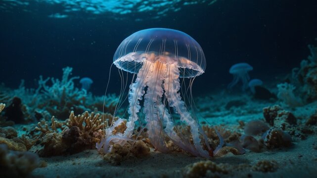 Pelagia noctiluca jellyfish on the ocean floor.