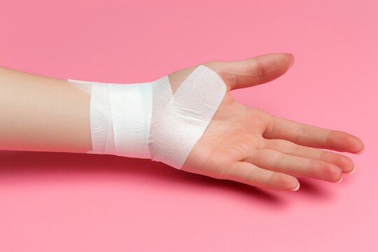 This photo depicts a hand with a bandage, symbolizing an injury and the ongoing process of healing, Image of hand going through stages of healing after injury, AI Generated