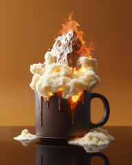 Mug of hot chocolate with volcanic eruption