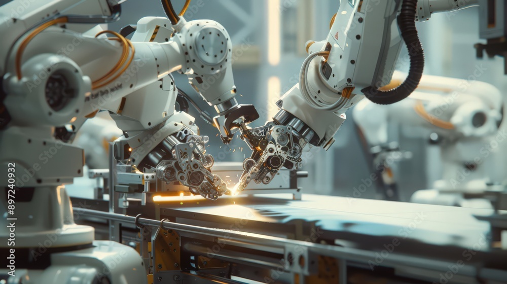 Poster showcase a futuristic production line where robots use laser cutting and 3d printing technologies to