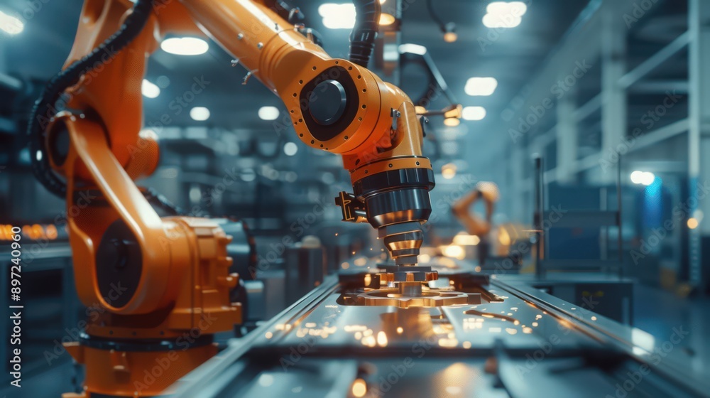 Poster showcase a futuristic production line where robots use laser cutting and 3d printing technologies to