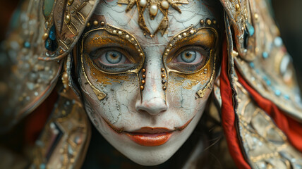 Intricate gold and blue mask on a woman's face