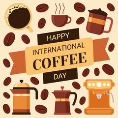International Coffee Day banner template. Various coffee elements in flat style