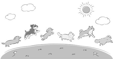 草原を走る犬たちのイラストセット
