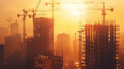 Showcase a high-rise under construction with robots applying sustainable building materials, emphasizing