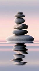 Stones stacked in perfect balance reflect on calm water