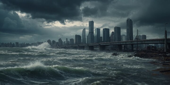 Tall shore skyline and tidal wave Stormy post apocalypse city End of the world City destruction Water destruction Stormy weather.